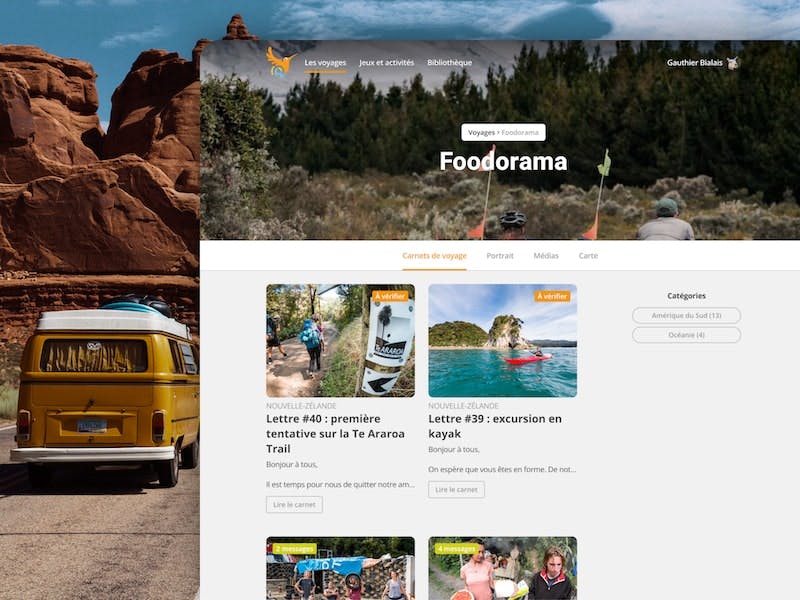 Page d'accueil d'un voyage Kolibri présenté sur une photo d'un van dans l'ouest américain