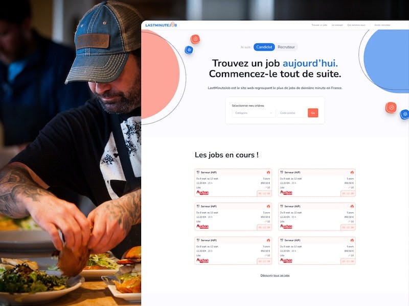 Page d'accueil du projet LastMinuteJob présenté devant une photo d'un cuisinier réalisant un hamburger.